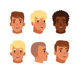 Teenage boy heads with different hair color and haircuts set cartoon vector illustration