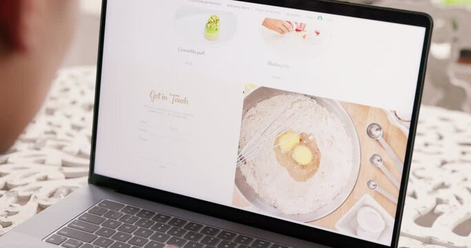 Man, laptop or cooking website for food recipe, contact us ux brand or creative web design logo. Zoom, technology screen or meal blog for health, baking or cake idea in home or house kitchen activity
