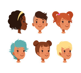 Obraz na płótnie Canvas Cute girls and boys heads, view from different angles, creation constructor cartoon vector illustration