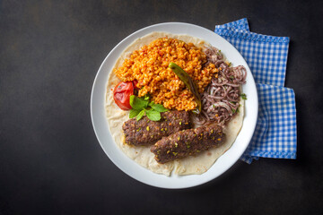 Traditional delicious Turkish cuisine, kebab type belonging to Adana and Antep regions, grilled pistachio kebab. Turkish name; fistikli kebab