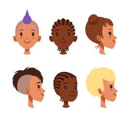 Cute girls and boys heads, view from different angles set cartoon vector illustration