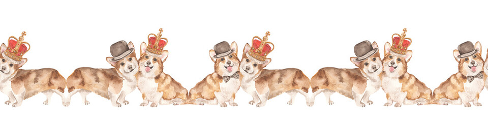 Watercolor seamless border with cute welsh corgi in royal crown and gentleman hat, symbols of England, texture