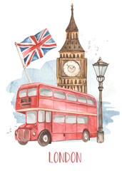 Fototapeta na wymiar Watercolor map with the sights of England, London, flag, big ben clock, bus, for invitations, postcards, business cards