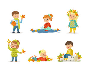 Cute kids in warm clothes walking outdoors in autumn season set cartoon vector illustration