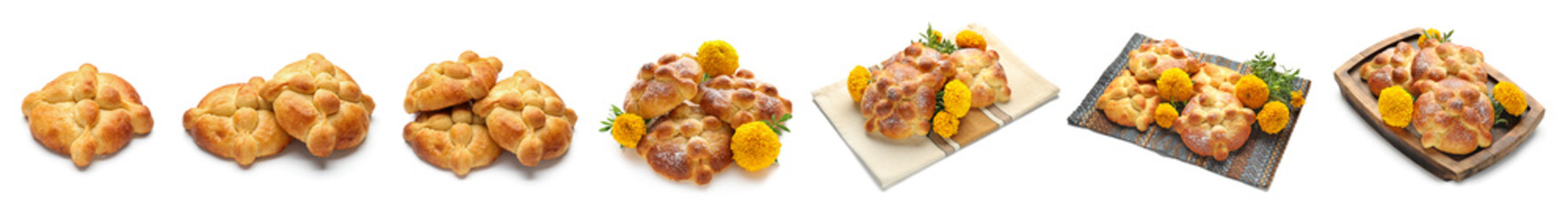 Collage with bread of the dead on white background. Celebration of Mexico's Day of the Dead (El Dia de Muertos)
