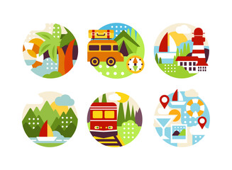 Naklejka premium Traveling on vacation set. Transport for summer adventures in circles cartoon vector illustration