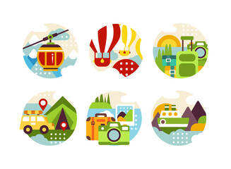 Traveling on vacation set. Hiking, transport for summer adventures in circles cartoon vector illustration