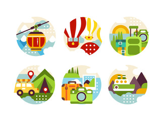 Fototapeta premium Traveling on vacation set. Hiking, transport for summer adventures in circles cartoon vector illustration