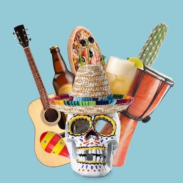 Collage of Painted skull for Mexico's Day of the Dead (El Dia de Muertos) and different symbols of Mexico on blue background