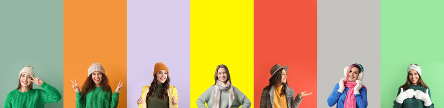 Set of stylish women in warm clothes on colorful background