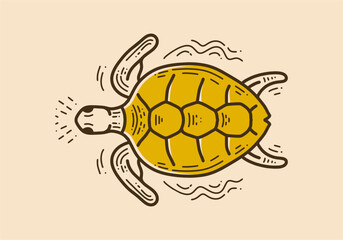 Sea turtle swimming retro vintage art drawing