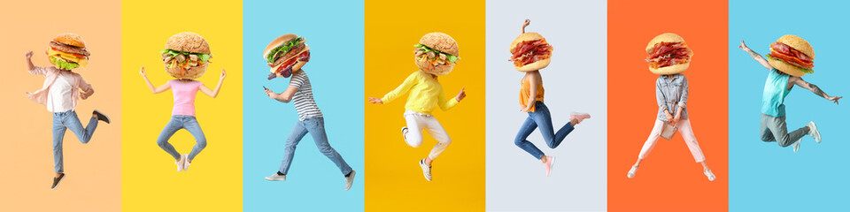 Set of jumping people with tasty burger instead of their heads on colorful background
