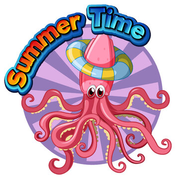Summer time word with squid cartoon