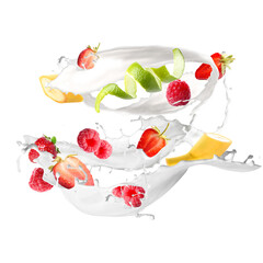 Splashes of milk shake wit flying fresh fruits on white background