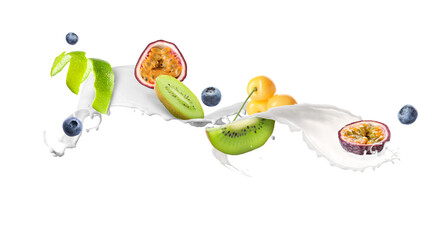 Splashes of tasty milk shake wit flying fresh fruits on white background