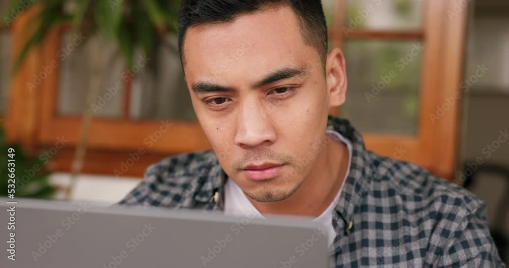 Aufkleber Man with laptop working with determination, writing email, report or letter while working from home. Young latino man, work on computer and thinking of idea for assignment, paper or test for college