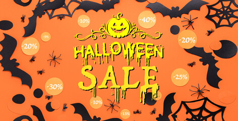 Advertising banner for Halloween sale on orange background