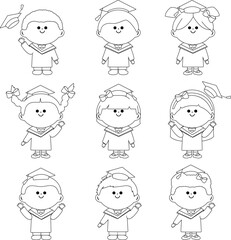 Group of children students with graduation gowns and hats. Vector black and white coloring page.