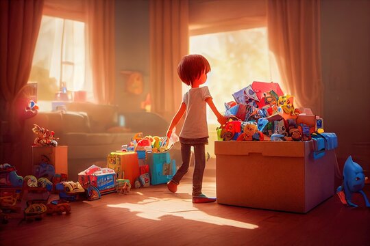 Cartoon child donating his toys