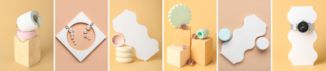 Collection of pedestal showcases with jewelry on color background