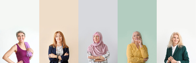 Group of happy mature women on color background. Concept of ageing and menopause