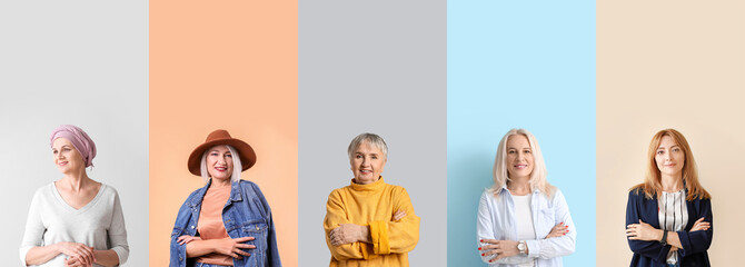 Group of positive mature women on color background. Concept of ageing and menopause