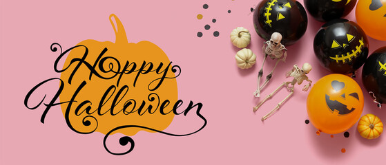 Banner with Halloween balloons, skeletons and pumpkins on pink background
