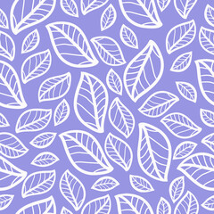 Simple leaf pattern. Vintage. Lilac background, white outline leaves ornament. Print suitable for textiles, banners and Wallpapers.