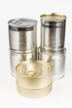 Tin cans for canned food, provisions stocks on a white background.