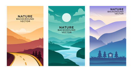 Vector set of gradient color abstract backgrounds, landscape with mountains and hills, vertical banners and backgrounds for social media stories, banners
