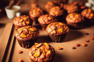 Homemade pumpkin muffins, autumn dessert, food photography and illustration