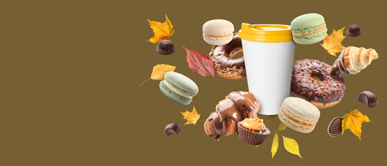 Cup of hot coffee, sweets and autumn leaves on color background with space for text - Powered by Adobe
