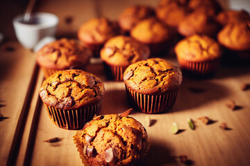 Homemade pumpkin muffins, autumn dessert, food photography and illustration