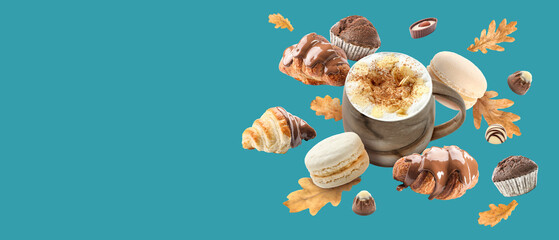 Cup of coffee, sweets and autumn leaves on blue background with space for text