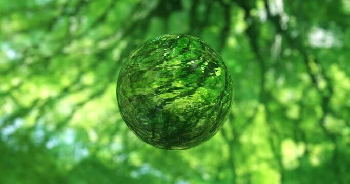 池に反射した新緑の緑を屈折させた水滴のような球体の回転 水資源・サステナビリティ・sdgs・自然・飲料水・地球・環境・エコロジー・環境のイメージ