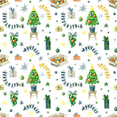 Watercolor Christmas pattern. Christmas tree, garlands, New Year's gifts, Christmas balls, stars and lights seamless pattern, isolated on a white background.  - 532665105