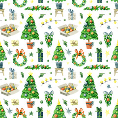 Watercolor Christmas pattern. Christmas tree, garlands, New Year's gifts, Christmas balls, stars and lights seamless pattern, isolated on a white background.  - 532665117