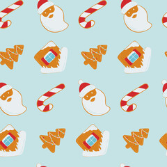Winter seamless pattern with gingerbread. Gingerbread in the form of Santa Claus, a Christmas tree and a snow-covered house. Merry Christmas. Holiday banner design. Cooking background. 