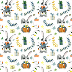 Watercolor Christmas pattern. Cute bunny character, Christmas tree, garlands, gifts, Christmas balls, stars and lights seamless pattern, isolated on a white background.  - 532665147