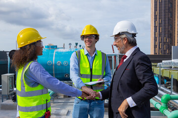 Engineer under industrial inspection Large water heaters are used in high-rise condominiums.
