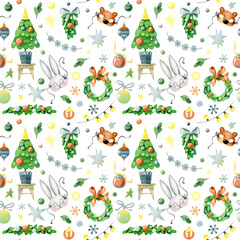Watercolor Christmas pattern. Christmas tree, garlands, gifts, Christmas balls, animal mask, stars and lights seamless pattern, isolated on a white background.  - 532665184