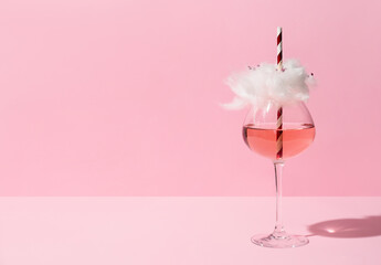 Glass with tasty cotton candy cocktail on pink background