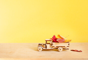 toy car with a bunch of autumn leaves on a yellow background