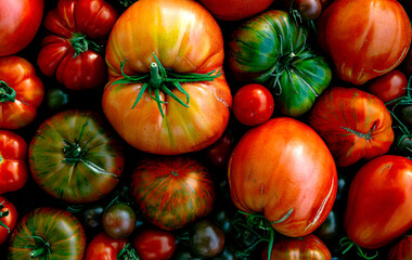 Multicolored tomatoes of different sizes and types, to view, horizontal composition. Fresh, raw and colorful tomatoes of different sizes and types. bright attractive background for restaurants