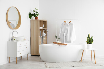 Interior of modern bathroom with houseplants, chest of drawers and mirror