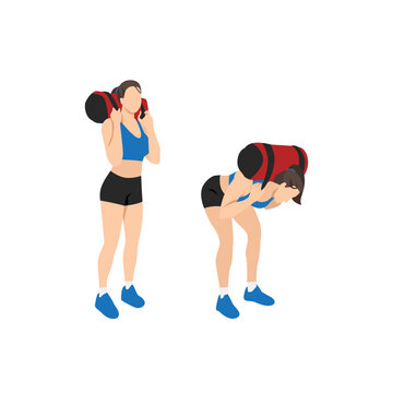Woman doing Power bag or sandbag good morning exercise for backside workout. Flat vector illustration isolated on white background