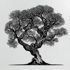 Hand sketch of oak tree, black and white illustration