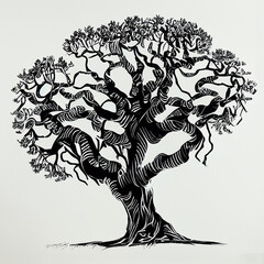 Hand sketch of oak tree, black and white illustration