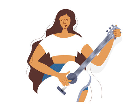 Portrait of young lady in summer top playing guitar. Cartoon stylish vector character design