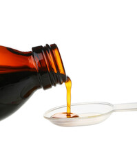 Pouring of cough syrup from bottle into spoon on white background - obrazy, fototapety, plakaty